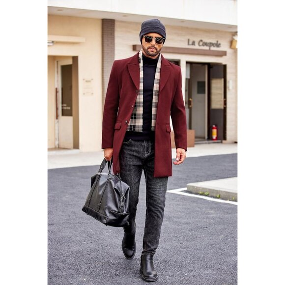 Mens Wine Red Trench Overcoat Wool Blend Coat with Detachable Single Breasted - Picture 3 of 6